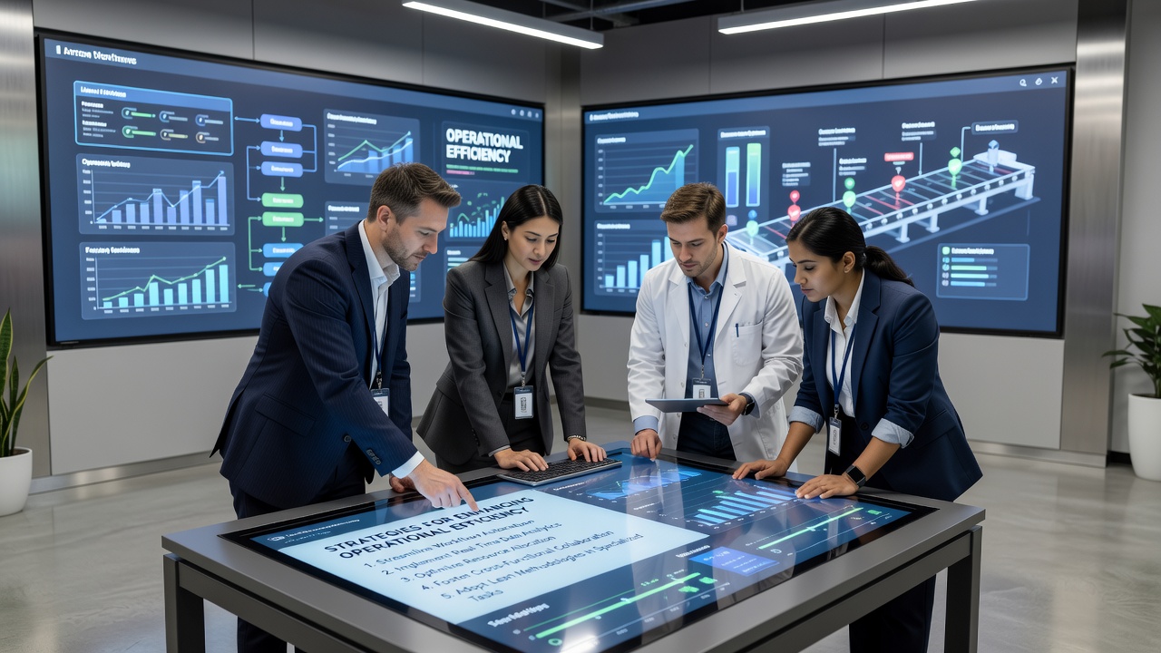 Team members in a professional services firm analyzing performance metrics on shared screens during a workflow optimization session